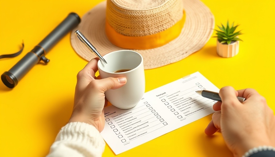 Travel checklist with coffee cup on yellow background for family adventure travel.