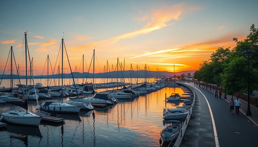Adventurous marina scene in Thunder Bay at sunset with sailboats.