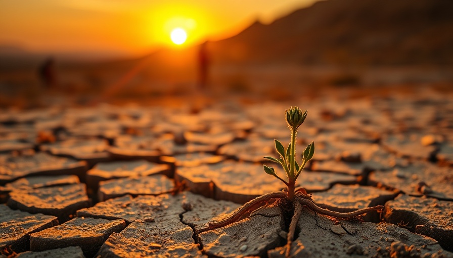 Young plant in dry soil with hikers and sunset, symbolizing sustainable holiday choices.