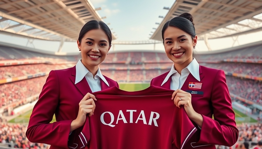 Qatar Airways partnership sports, attendants hold jersey on football field.