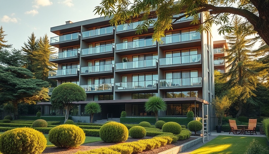 Family travelling view of hotel with garden backdrop.