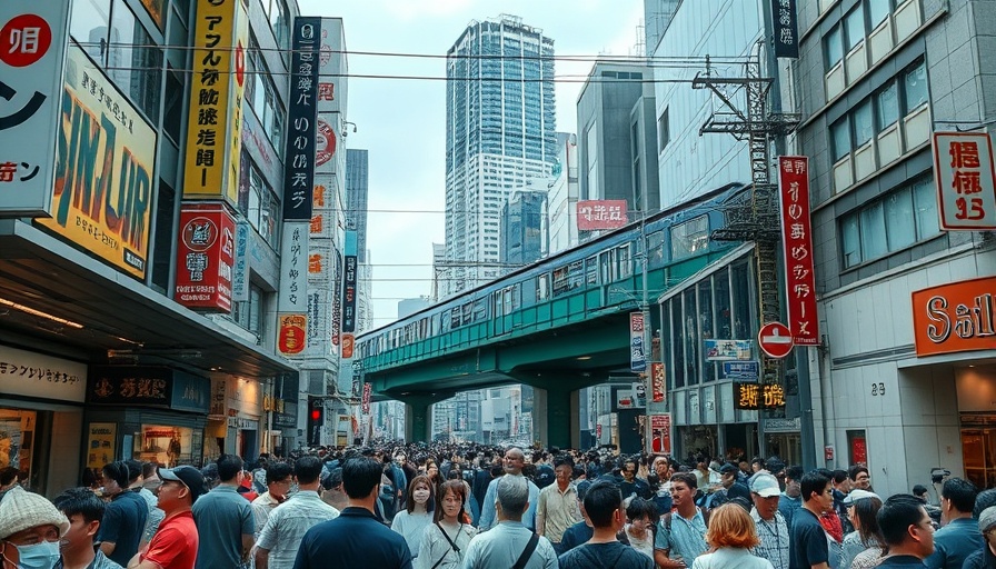 Crowded urban street in Japan bustling under a train bridge.