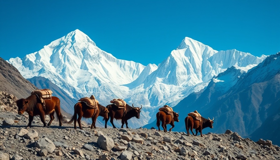 Yaks carrying goods in the Himalayas against snow-capped peaks, Nepal climbing fees waiver.