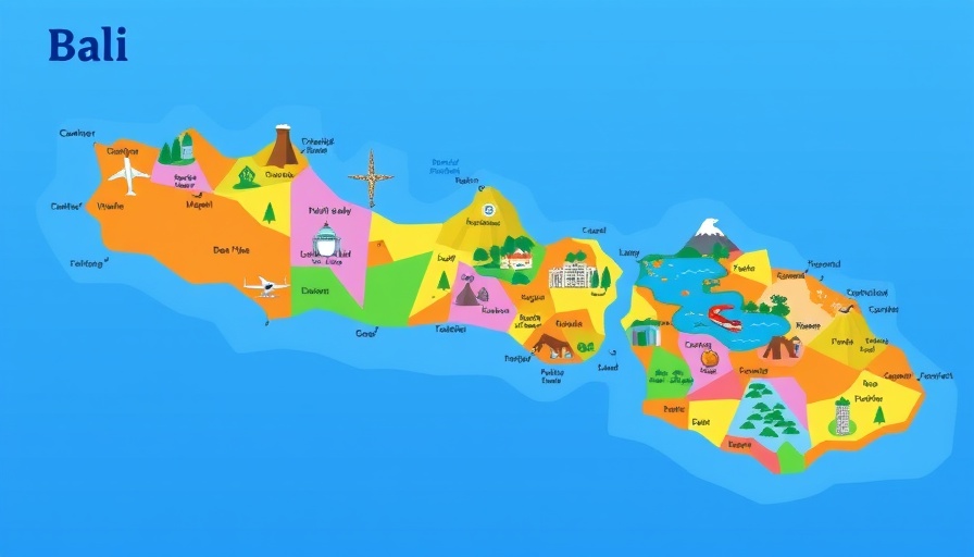 Map of Bali with colorful regions and landmarks for travelling tips.