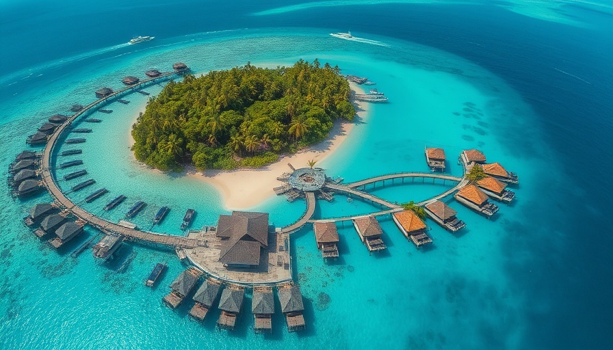 Aerial view of a tropical island with bungalows, vibrant waters.