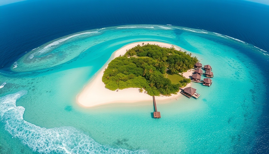 Lush tropical island with turquoise waters and bungalows.