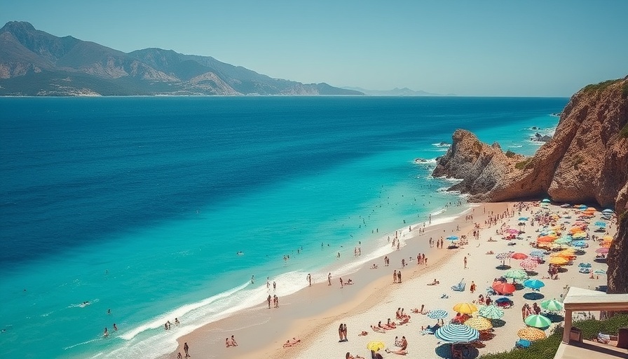 Family adventure at Nerja Beach with cliffs and umbrellas.