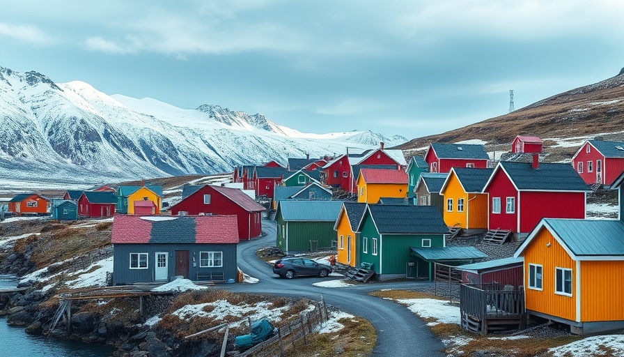 Colorful village in Greenland with mountains in the background.
