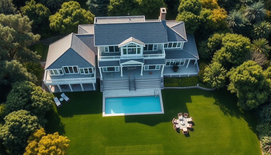 Aerial view of Hamptons mansion for rent with pool and lawn.