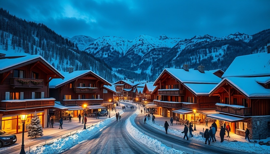 Snowy alpine village, perfect travel destination with cozy chalets.