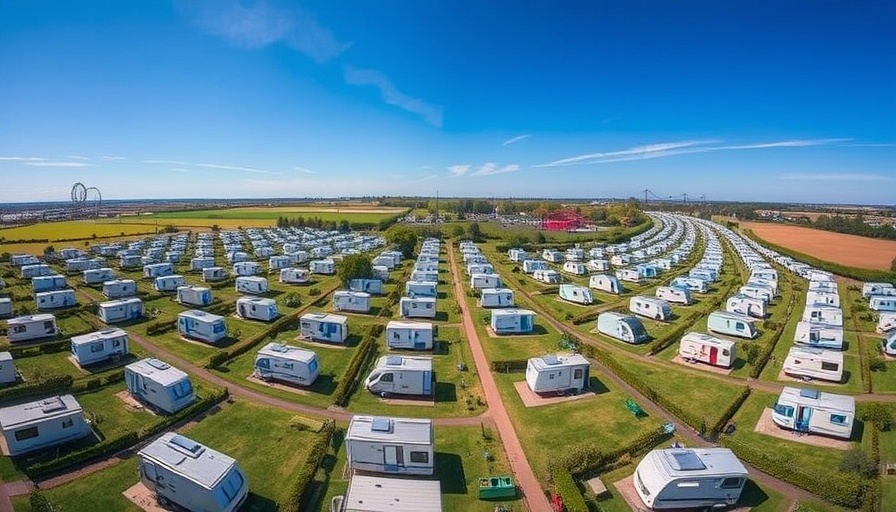 Aerial view of family-friendly caravan parks in Skegness with a roller coaster in the distance.