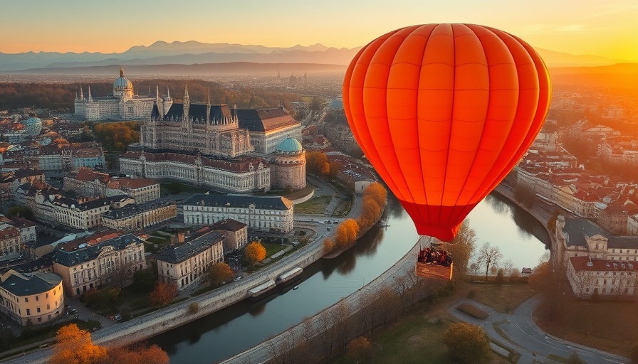 Hot air balloon drifting over scenic European city, choosing travel destination.