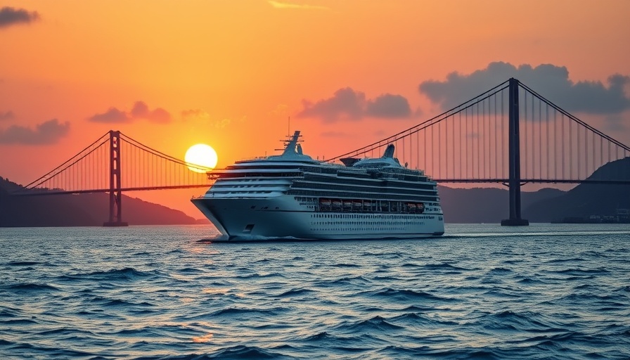 Cruise ship at sunset near iconic bridge on Disney Cruises California and Texas.