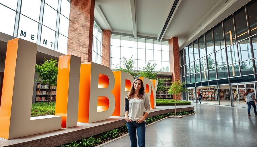 Modern library in Cedar Park, featuring a young girl by the sign.