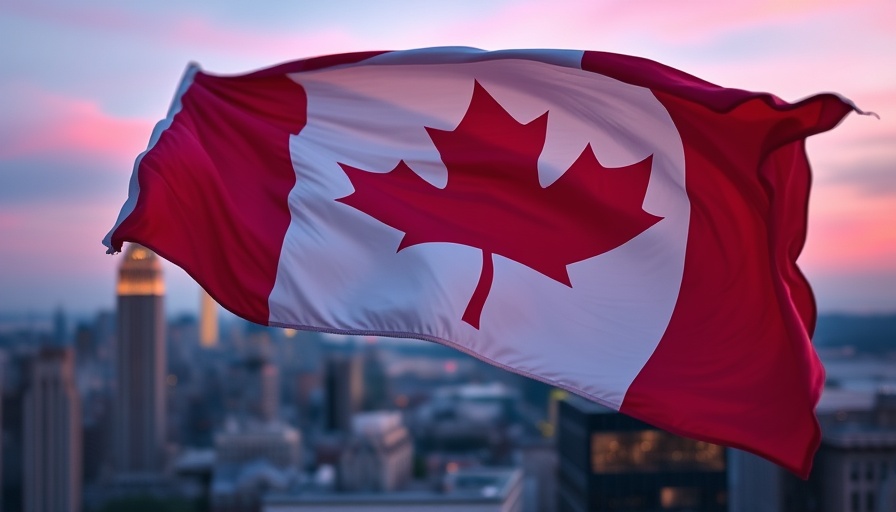 Canadian flag in city skyline at dusk, symbolic for importing a car to Canada.