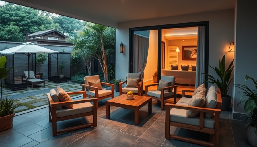 Inviting hotel patio with modern wooden furniture at World of Hyatt.