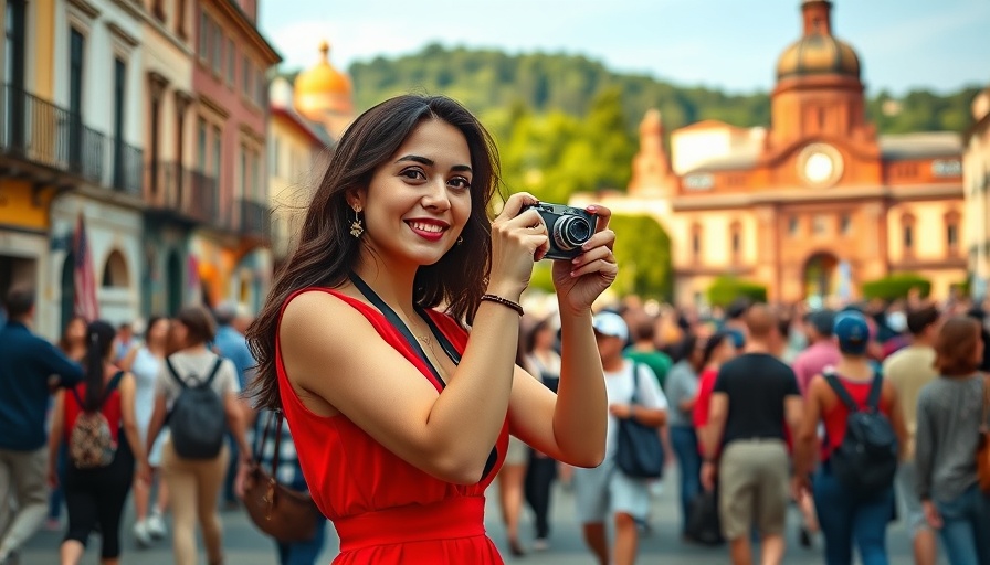 Fun Finder travel news: Young woman capturing moments in a scenic park.