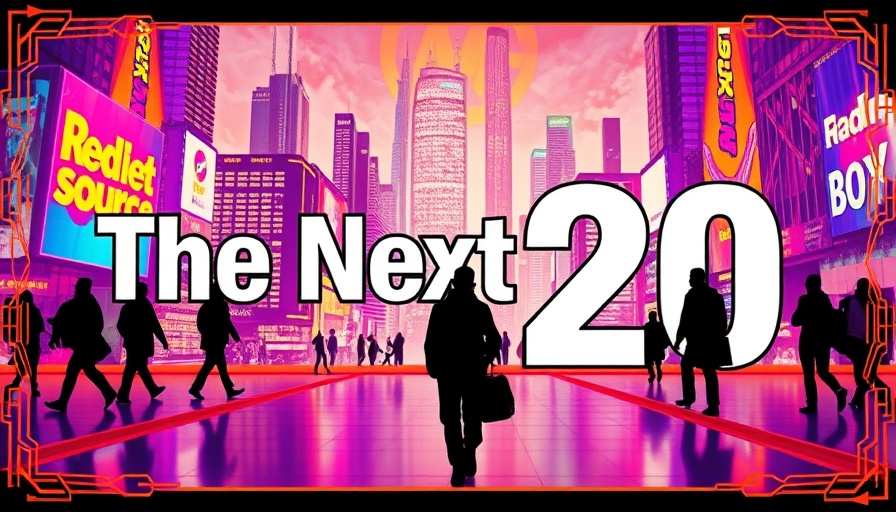 Futuristic cityscape with 'The Next 20' text, vibrant travel predictions.