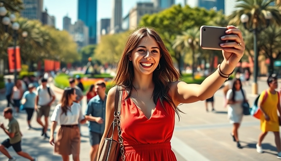 Young woman taking a photo in vibrant park, travel news.