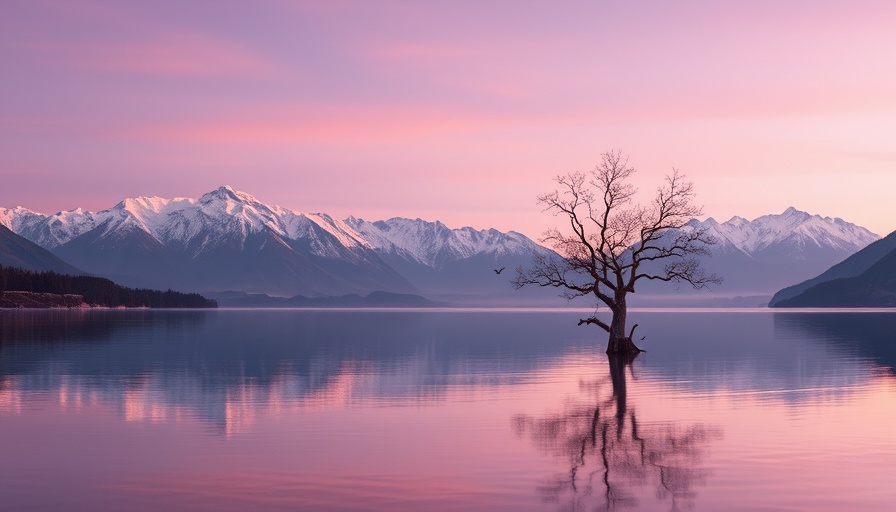 New Zealand photography destination with tree and mountains at dusk.