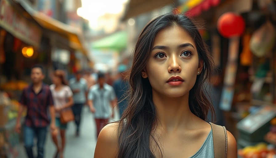 Young woman in busy Jeju Island market promoting responsible tourism.
