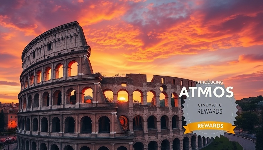 Atmos Rewards loyalty program branding over Colosseum at sunset.