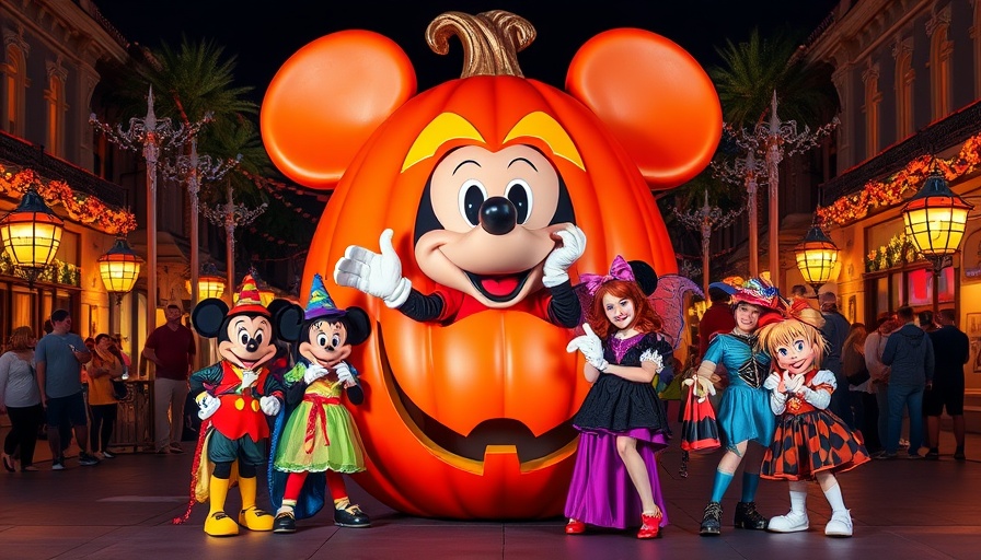 Disneyland Halloween Time characters in vibrant costumes at night.