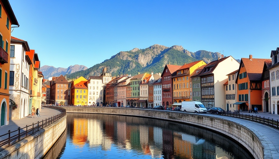Scenic European town by canal, ideal travel destination without Schengen visa.