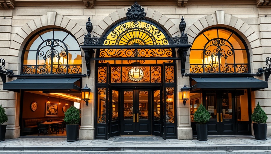 Elegant façade of grand restaurant entrance by The Wolseley Hospitality Group.