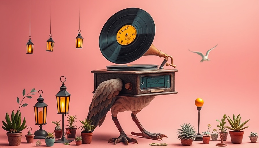 Surreal gramophone on bird legs, whimsical cultural art.