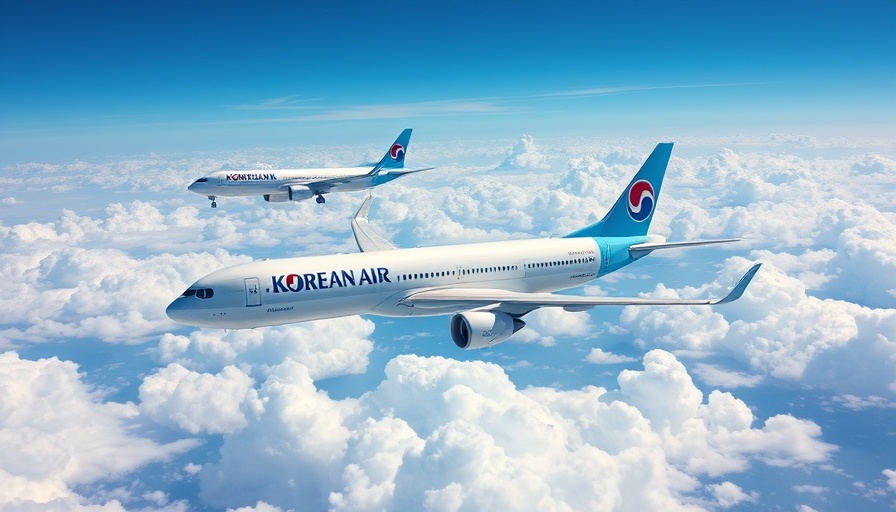 Korean Air Boeing jets flying above clouds, clear sky.