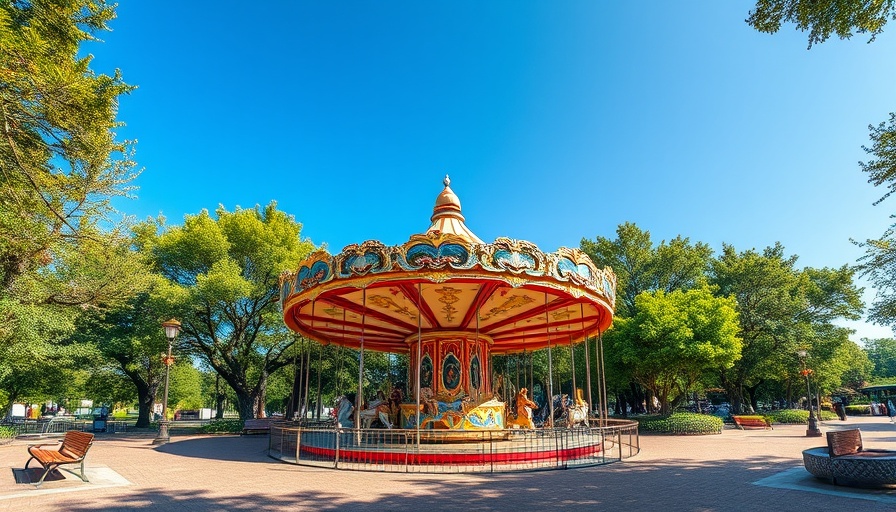 Family travelling to an amusement park with a colorful carousel
