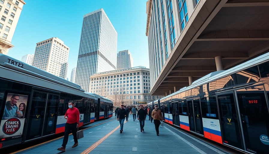 Urban bus terminal with UBE Express buses and city background