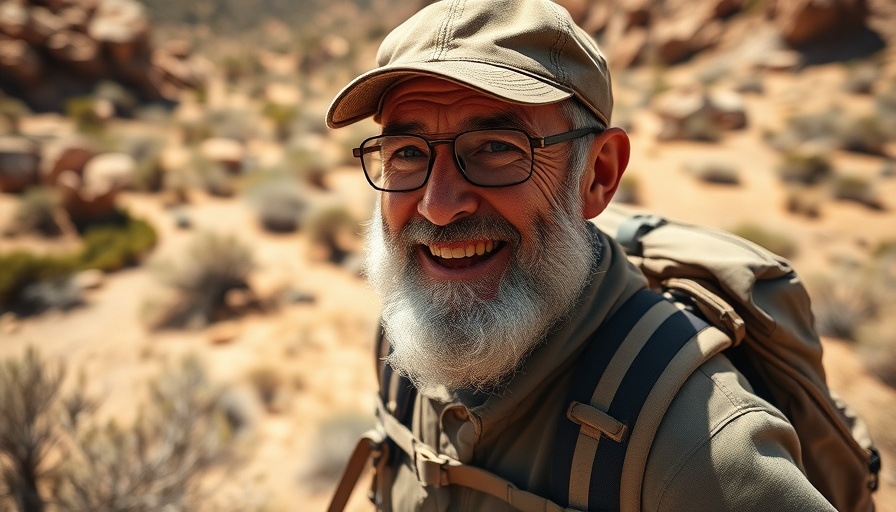 Older man hiking with a backpack in desert landscape, showcasing remote travel safety for older adults.