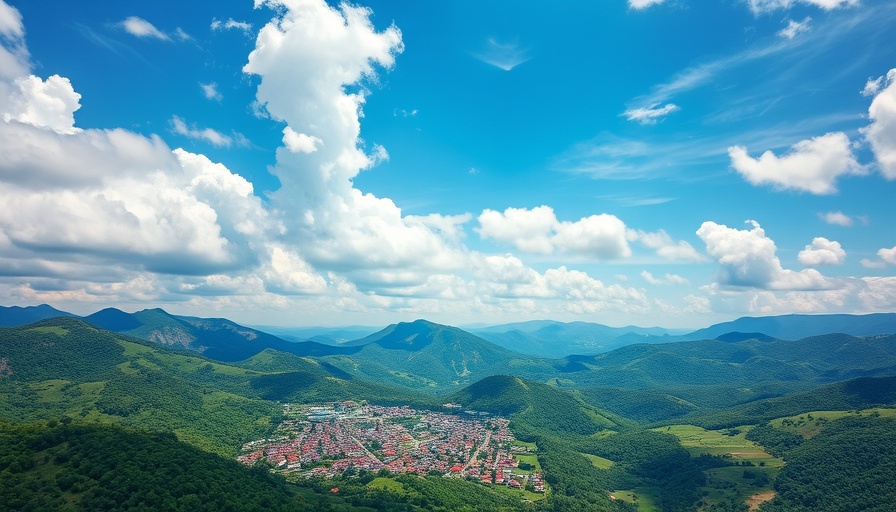 Scenic aerial view of a mountain town for travel adventure.