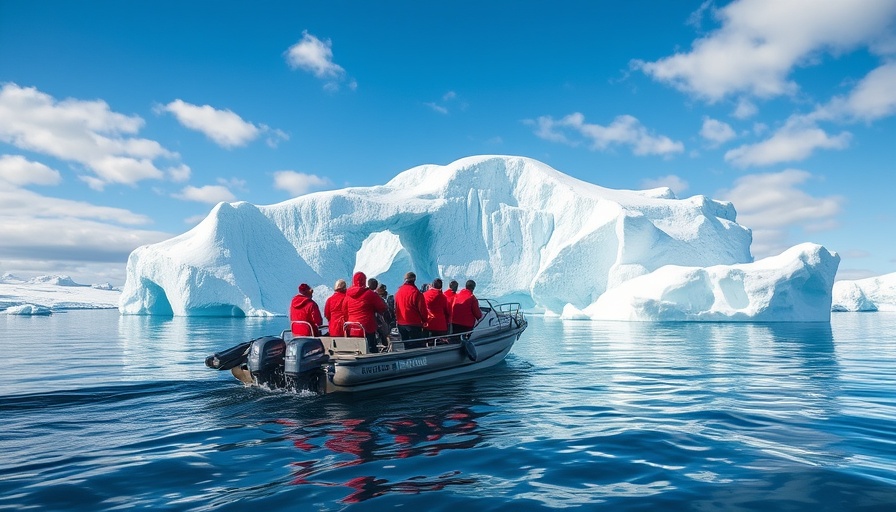Tourists in red jackets explore an iceberg arch in high-end travel adventure.