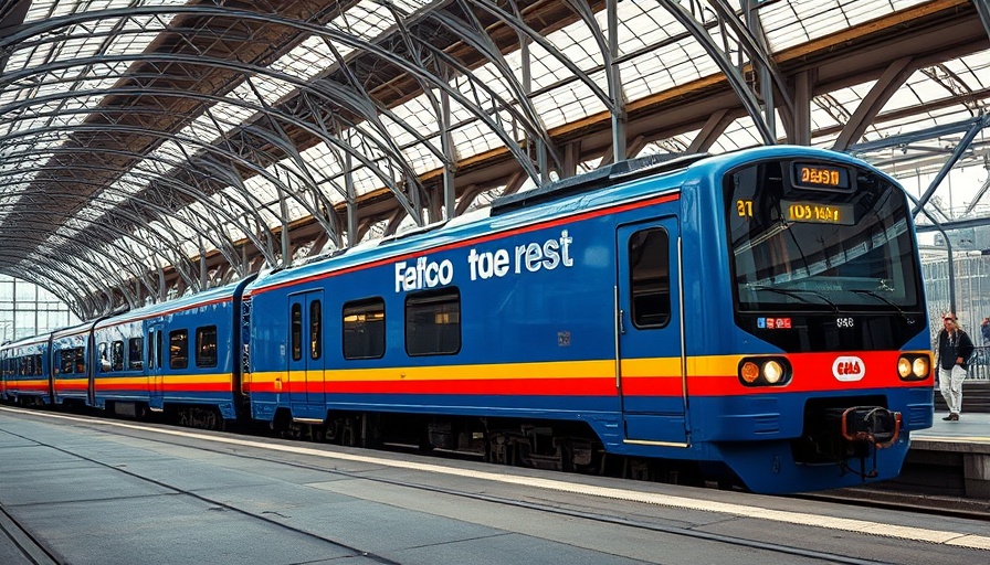Modern blue train at station, ideal for travelling cheaply.