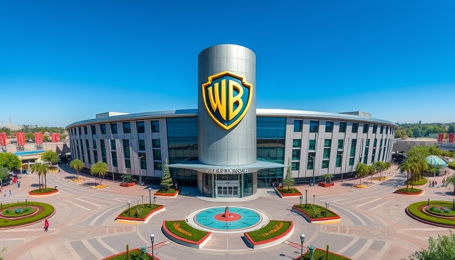 Aerial view of Warner Bros. World entrance showcasing modern architecture and gardens.