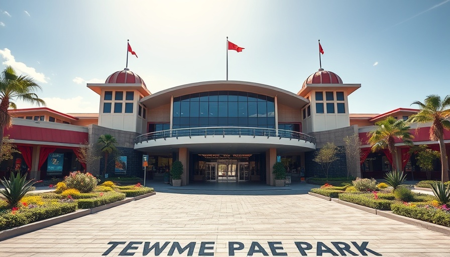 Travel news US: Modern theme park entrance with landscaped gardens.