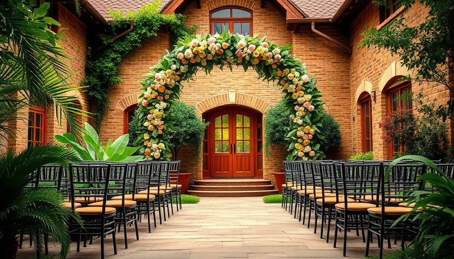 Charming rustic mansion with wedding setup amidst a lush garden.
