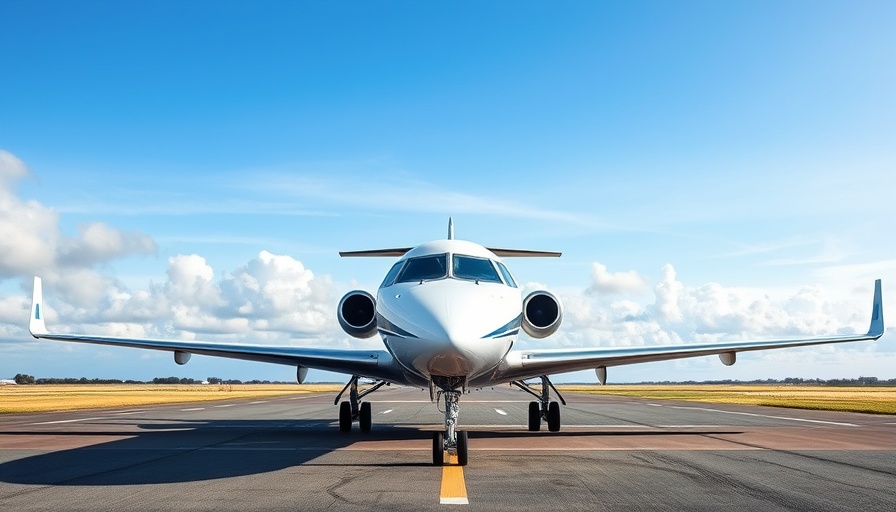 Modern airplane on runway under blue sky for travel news.