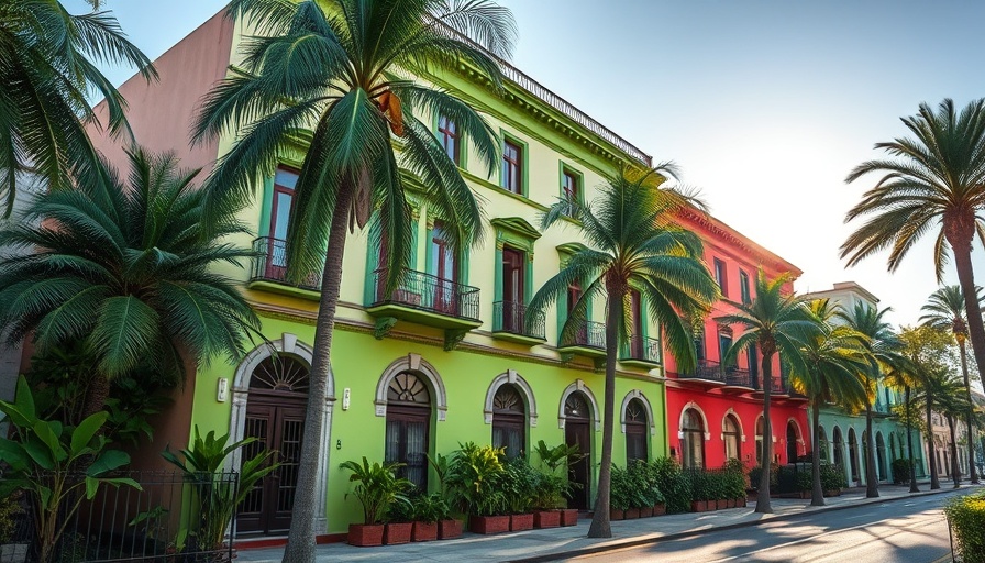 Colorful building at Daytona Beach with greenery and blue sky.
