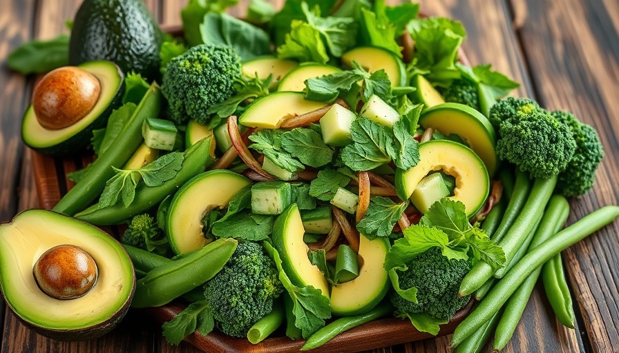 Vibrant salad with fresh green vegetables on rustic table, promoting good tourism.