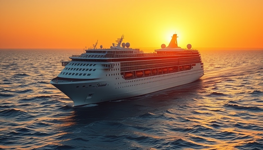 Norwegian Cruise Line ship at ocean sunset for 50% off cruise deal.
