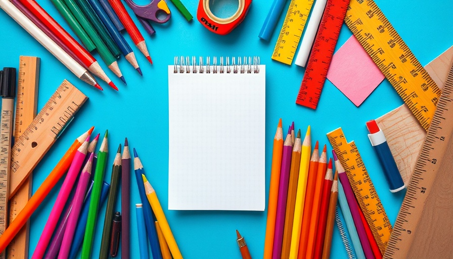 Earn Points for Back-to-School Shopping: colorful school supplies on blue background.