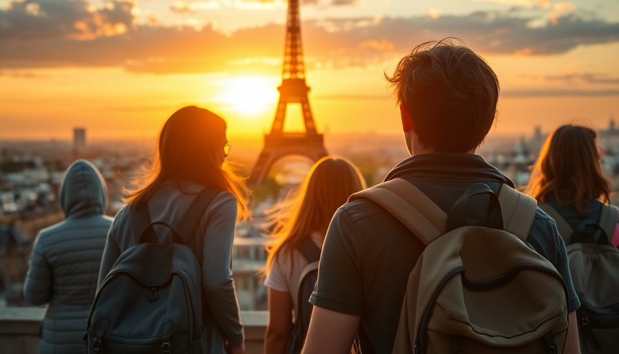 Young holidaymakers admire the Eiffel Tower at sunset.