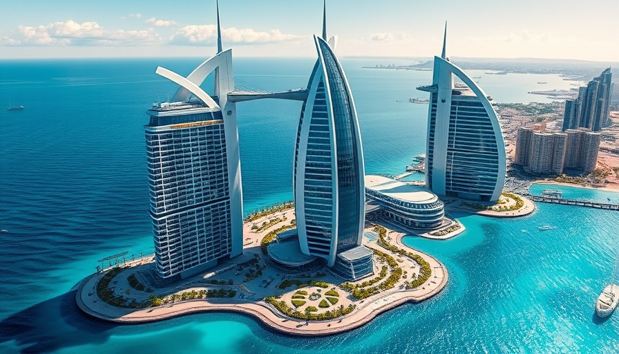 Modern skyscrapers by the beach under a clear blue sky, Emirati Women's Day backdrop.