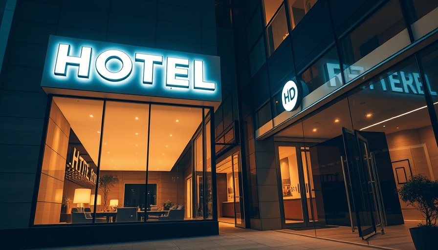 Modern hotel entrance at night, perfect for traveling cheaply.