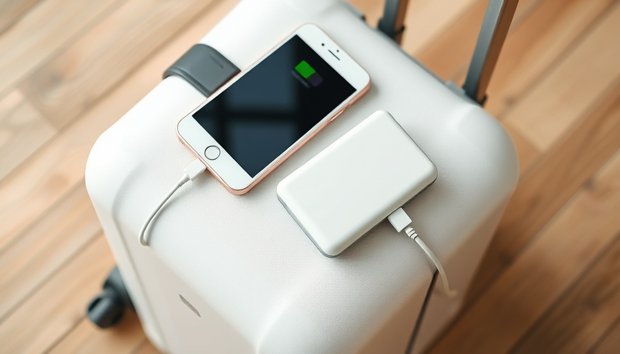 Smartphone and power bank on luggage, relating to flying with lithium batteries in passenger luggage.
