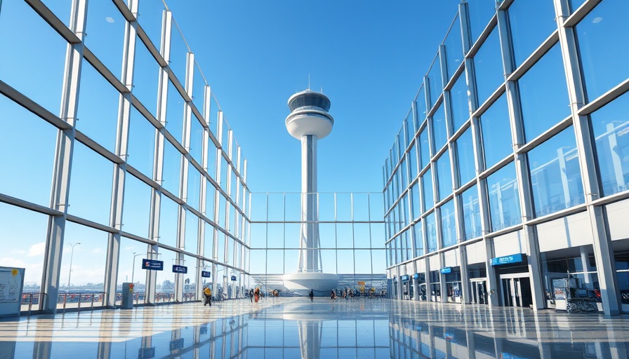 Dulles Airport terminal interior with view of control tower, car service area.